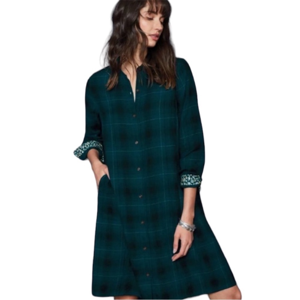 J. Jill Teal and Mustard Plaid Dress with Floral Accents